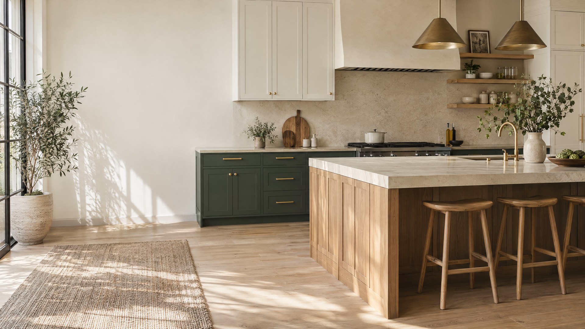 Temporary placeholder image of a warm, refaced kitchen with green cabinet doors and brass hardware