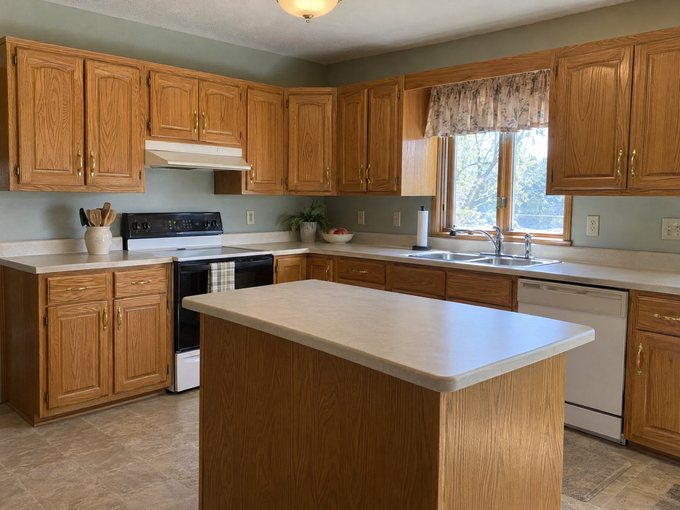 Temporary before placeholder of a dated oak kitchen